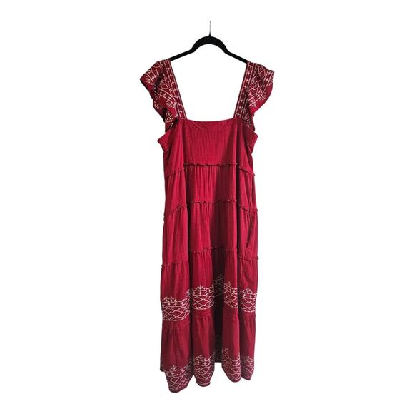 Knox Rose Dress Embroidered Tiered Ruffle Sleeve Dress Boho Red Pockets Size M - Picture 1 of 9